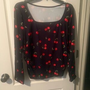 Shein Curve 3XL Black Red Cherry Print Ruched Long Sleeve Top